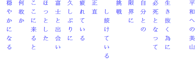 平和への美山

生き抜く為に
必死となって
自分との
限界に
挑戦
　し続けている
正直
疲れている
久しぶりに
富士と出会い
ほっとした
ここに来ると
何故か
穏やかになる