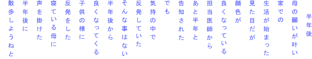 　　半年後
母の願いが叶い
家での
生活が始まった
見た目だが
顔色が
良くなっている
担当医師から
あと半年と
告知された
でも
気持の中で
反発していた
そんな事はない
半年後から
良くなってくる
子供の様に
反発をした
寝ている母に
声を掛けた
半年後に
散歩しようねと
