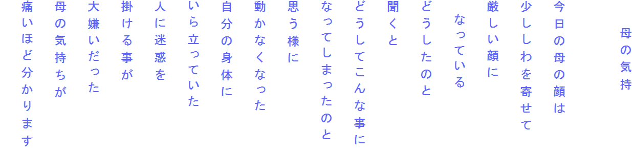 　　母の気持

今日の母の顔は
少ししわを寄せて
厳しい顔に
　なっている
どうしたのと
聞くと
どうしてこんな事に
なってしまったのと
思う様に
動かなくなった
自分の身体に
いら立っていた
人に迷惑を
掛ける事が
大嫌いだった
母の気持ちが
痛いほど分かります