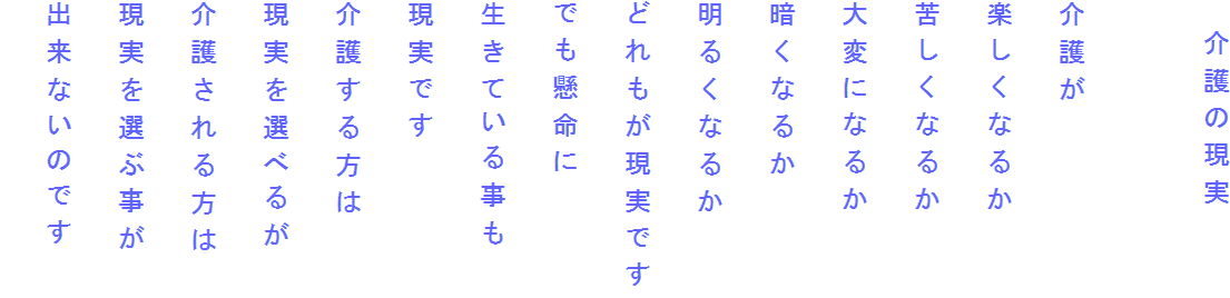 　介護の現実

介護が
楽しくなるか
苦しくなるか
大変になるか
暗くなるか
明るくなるか
どれもが現実です
でも懸命に
生きている事も
現実です
介護する方は
現実を選べるが
介護される方は
現実を選ぶ事が
出来ないのです