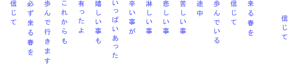　　信じて

来る春を
信じて
歩んでいる
途中
苦しい事
悲しい事
淋しい事
辛い事が
いっぱいあった
嬉しい事も
有ったよ
これからも
歩んで行きます
必ず来る春を
信じて
