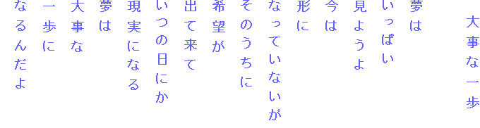 　大事な一歩

夢は
いっぱい
見ようよ
今は
形に
なっていないが
そのうちに
希望が
出て来て
いつの日にか
現実になる
夢は
大事な
一歩に
なるんだよ