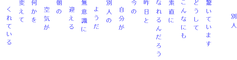 　　別人

驚いています
どうして
こんなにも
素直に
なれるんだろう
昨日と
今の
　自分が
別人の
　ようだ
無意識に
　迎える
朝の
　空気が
何かを
変えて
　くれている
