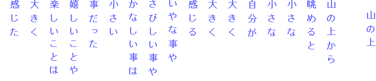 　山の上

山の上から
眺めると
小さな
小さな
自分が
大きく
大きく
感じる
いやな事や
さびしい事や
かなしい事は
小さい
事だった
嬉しいことや
楽しいことは
大きく
感じた