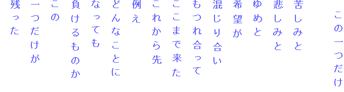 　この一つだけ

苦しみと
悲しみと
ゆめと
希望が
混じり合い
もつれ合って
ここまで来た
これから先
例え
どんなことに
なっても
負けるものか
この
一つだけが
残った
