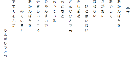 　赤子
あかんぼうを
あやして
えがおに
ならない
　ひとはいない
ふしぎだ
どんなひとでも
もともと
もっている
じゅんすいで
やさしいこころ
あかんぼうを
　　みていると
でてくるんだ
　　　　　　じんぼひでみつ