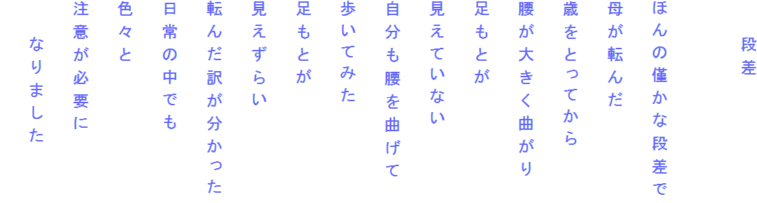 　　段差

ほんの僅かな段差で
母が転んだ
歳をとってから
腰が大きく曲がり
足もとが
見えていない
自分も腰を曲げて
歩いてみた
足もとが
見えずらい
転んだ訳が分かった
日常の中でも
色々と
注意が必要に
　　なりました